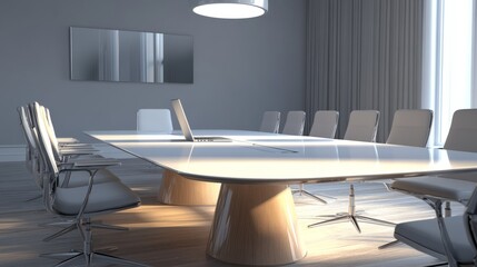Poster - Open laptop on a minimalist office table in a stylish meeting room with chairs around it.