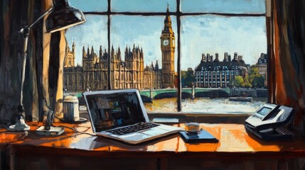 Poster - Open laptop on a table in a contemporary office meeting room with professional seating.