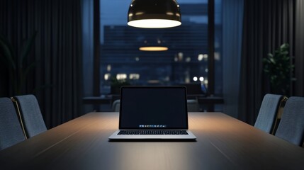 Poster - Open laptop on a table in a contemporary office meeting room with professional seating.