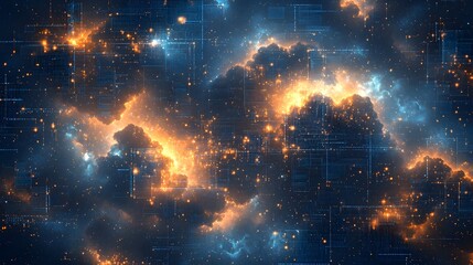 Poster - Captivating and mesmerizing abstract cloud background with luminous digital textures interlacing lines of code and a dynamic futuristic