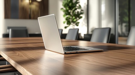 Poster - Open laptop placed on a clean wooden table in a contemporary office meeting space.