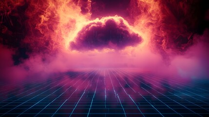 Poster - stunning futuristic digital grid background with a glowing data cloud hovering over the abstract neo