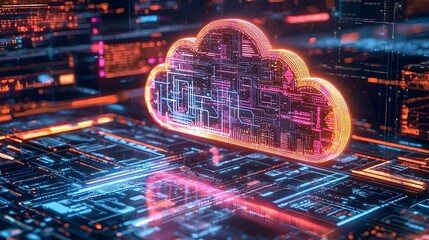 Poster - glowing digital cloud structure overlaid with intricate technology inspired geometric patterns conve