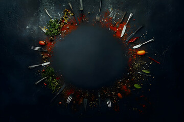 Wall Mural - photo of an empty circle surrounded by spices and herbs on a dark background,