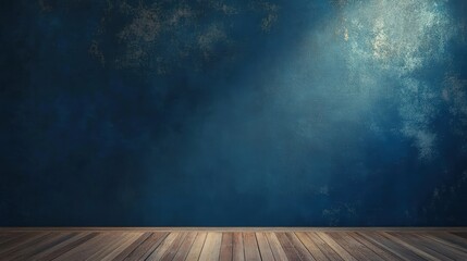 Poster - dark blue wall in an empty space with wooden floor and soft light creating a calm and serene atmosph
