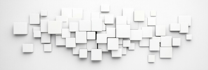Poster - a contemporary grid of pristine white cubes, captured at the moment they break apart and tumble,