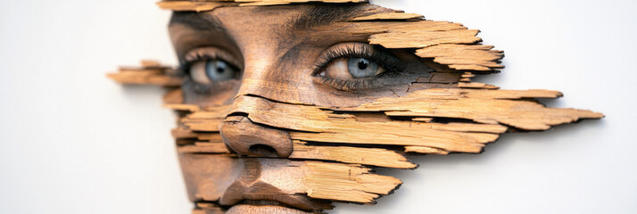 Wall Mural - A modern sculpture-like portrait of a woman, where shards of wooden planes form her features,