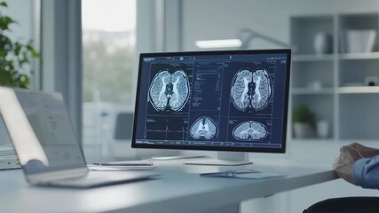 Poster - Medical professional examines brain mri scans on a computer monitor, navigating through detailed images in a brightly lit hospital or clinic office
