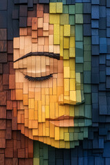 Poster - A dimensional mosaic capturing the contours of a human face, the wooden blocks tinted with a