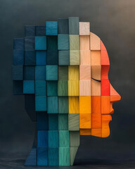 Poster - A 3D wooden puzzle featuring a facial outline, using blocks of escalating color from cobalt blue