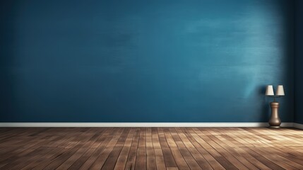 Poster - dark blue wall in an empty room with warm wooden flooring and a simple table lamp for interior desig