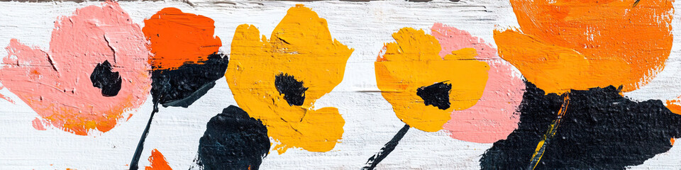 Poster - Abstract Floral Painting: Orange, Yellow, Pink, and Black