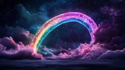 Poster - A vibrant rainbow tunnel shaped by translucent diamond frames, floating in an endless galaxy dotted
