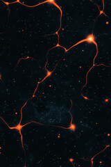 Poster - An abstract composition of multiple neurons joined by thin fibers, illuminated in a dark