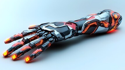 Poster - Futuristic robotic arms with glowing lights and intricate abstract digital patterns showcasing advanced technological innovation and the evolution of intelligence in engineering and automation