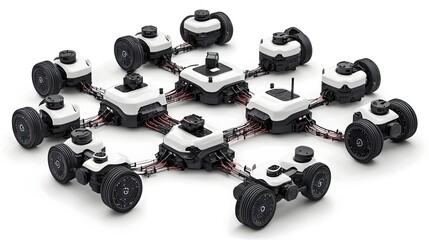 Poster - Futuristic abstract of robotic components and digital networks intertwined in a complex innovative and conceptual design  Showcasing the interconnected nature of technology and automation