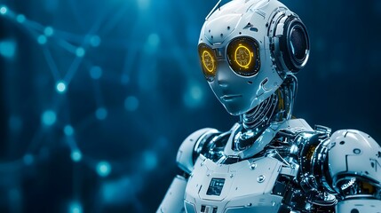 Poster - Futuristic robotic cyborg figure with geometric lines abstract shapes and glowing illumination set against a digital technology backdrop  The image showcases a conceptual innovative