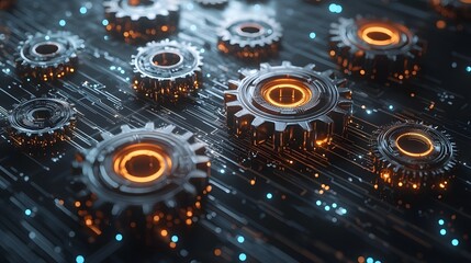 Poster - Intricate network of glowing robotic gears cogs and mechanical components floating in a futuristic digital abstract space