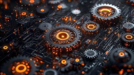 Poster - glowing robotic gears and components floating in a digital abstract space futuristic and technologic