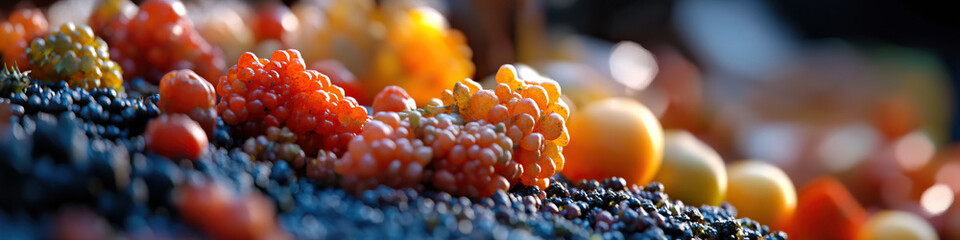 Wall Mural - Close-up Photograph of Orange and Red Berries on Dark Surface