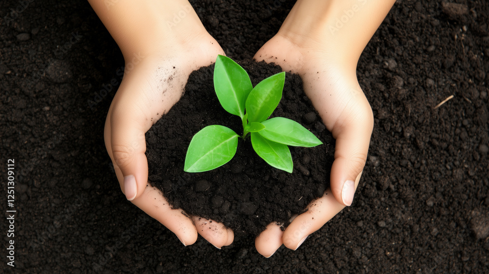 Nurturing hands holding small plant in soil, symbolizing growth and care