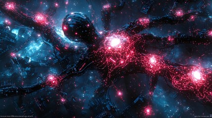 Poster - Glowing neural network with intricate robotic figures and pulsing circuits in an abstract futuristic digital landscape  Representing the interconnectedness of intelligence and the digital world