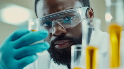 Poster - Professional african american scientist wearing protective glasses and gloves carefully examines a test tube containing yellow liquid in a laboratory setting