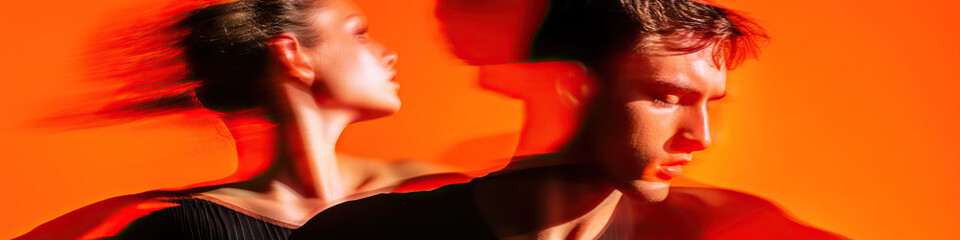 Poster - Double Exposure Portrait: Woman and Man in Motion Blur, Orange Background