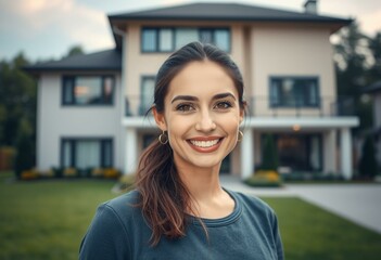 Wall Mural - Happy female portrait with private house background