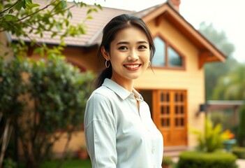 Happy female portrait with private house background