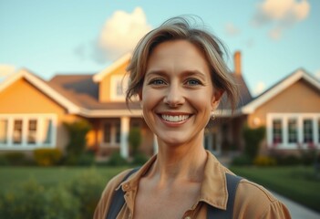 Wall Mural - Happy female in front of a private house