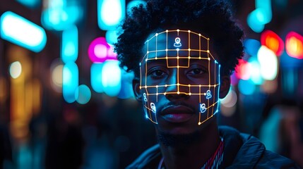 Poster - Futuristic facial recognition grid map overlaying the profile of an enigmatic moody figure in a neon soaked cityscape  Conceptual digital technology AI and biometric identification