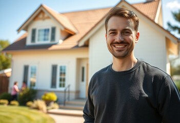 Wall Mural - Happy male portrait with private house background