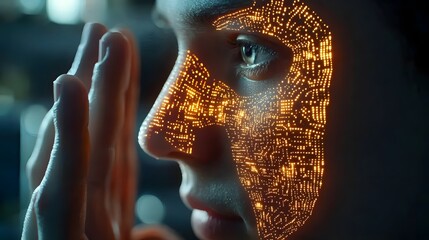 Poster - close up of a human face with glowing intricate biometric recognition patterns highlighting the of t