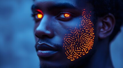 Poster - Striking close up portrait featuring a human face with captivating glowing digital patterns representing the power and intrigue of facial recognition technology in the modern digital age
