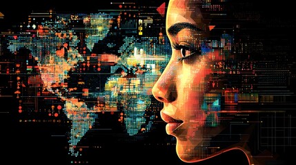 Poster - High Tech Digital Facial Recognition Scanning an Abstract Geometric Face with Futuristic Patterns and Data Visualization  Conceptual of Advanced Biometric Identification Technology
