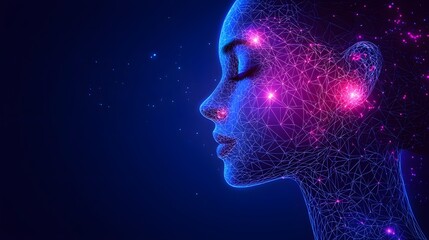 Poster - 3D rendering of a high tech digital facial recognition system scanning an abstract face with glowing geometric patterns representing the future of biometric security and identification technology