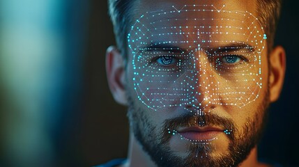 Poster - This image depicts a futuristic facial recognition process that analyzes an individual s facial features and data points to provide advanced biometric security and user identification
