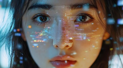 Poster - close up view of a face with digital sensors scanning and processing facial recognition data for adv