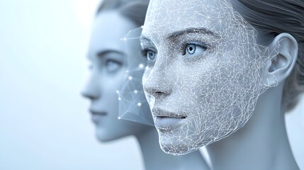 Poster - 3D rendered image depicting facial recognition algorithms analyzing facial features and matching data for digital identity verification and cybersecurity applications