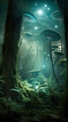 Aufkleber - Mystical enchanted forest with towering ancient trees, glowing bioluminescent fungi, ethereal mist swirling at ground level, faint magical light beams filtering through the dense canopy, serene yet