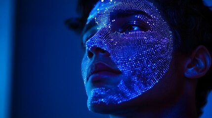 Poster - Futuristic facial recognition technology scanning a face with a high tech digital interface showcasing advanced biometrics and cybersecurity concepts for identity verification and data analytics