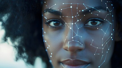 Poster - Close up digital portrait of a person s face with an overlaid digital map of facial recognition markers