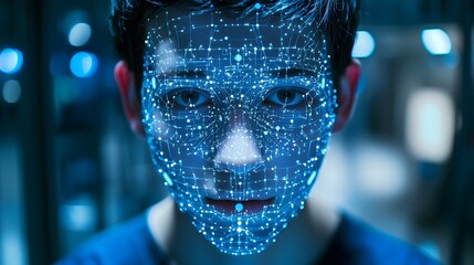 Poster - futuristic facial recognition technology with abstract digital mapping of facial features and data p