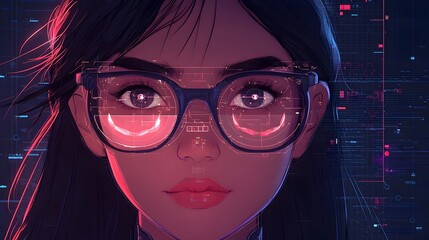 Poster - Digitally scanned female face with highlighted facial features and real time data analysis showcasing advanced biometric intelligence and futuristic concepts