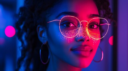 Poster - Mesmerizing visualization of a high tech biometric facial recognition process capturing intricate facial data points in a captivating neon glow and futuristic color palette