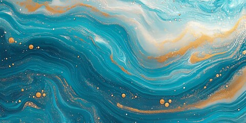 Abstract Turquoise and Gold Fluid Art Background, Luxury Marble Texture, Acrylic Paint Swirl Pattern