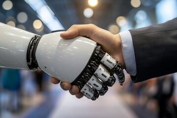 Poster - Human and robot shake hands during technology conference fostering collaboration in innovation