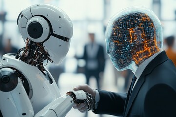 Poster - Human and robot engage in a handshake at a technology conference showcasing innovation and collaboration