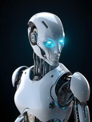 Aufkleber - Intricately designed AI robot with sleek metallic joints and glowing cyan eyes, futuristic laboratory setting with holographic interfaces, clean white tones creating a modern aesthetic